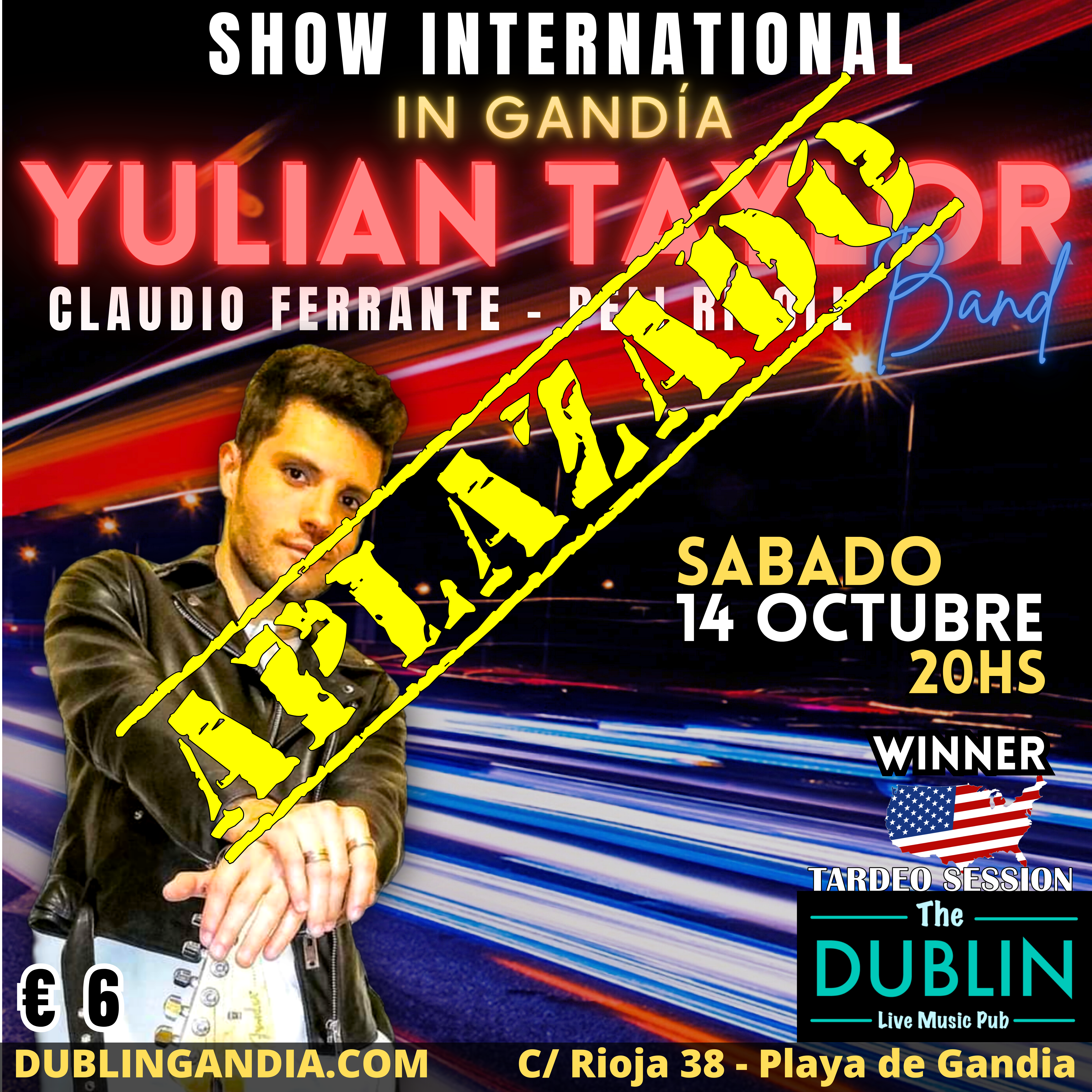 Cartel: APLAZADO POR PROBLEMAS PERSONALES DE YULIAN TAYLOR
